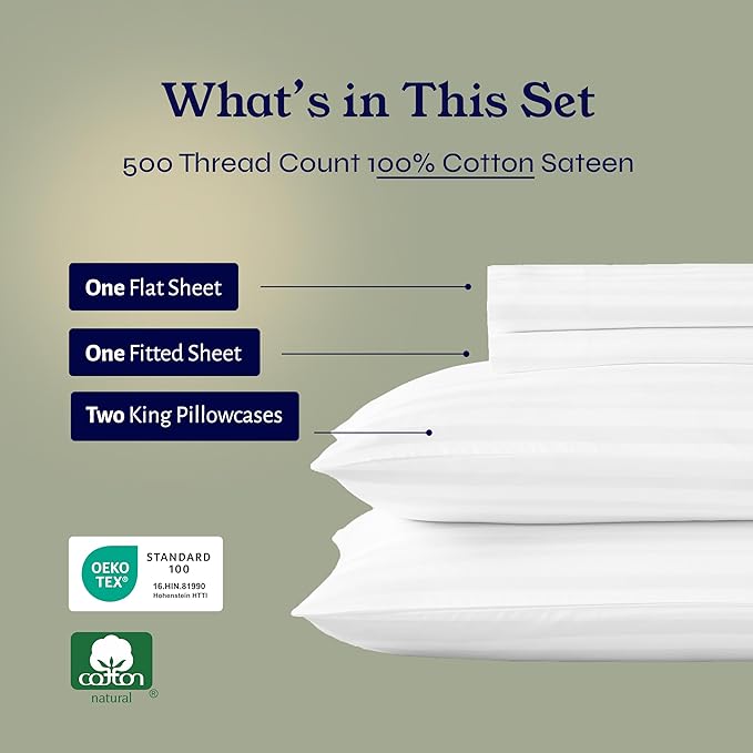 California Design Den 500 Thread Count 100% Cotton Bed Sheets King Size Set with Deep Pockets, Soft & Breathable Sateen, Luxury Striped White Sheets