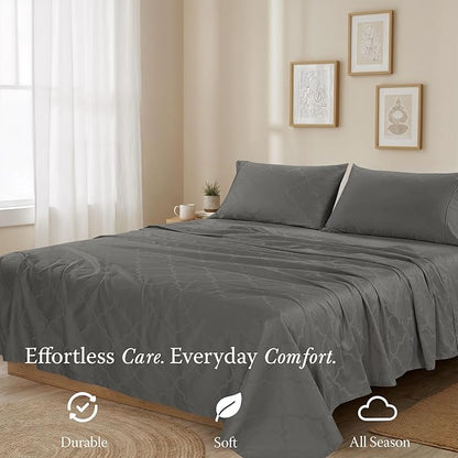 Threadmill 100% Cotton Sheets for King Size Bed | 4 Pc King Bed Sheets Set | Soft, Breathable Lightweight Damask Sateen for All-Season Use | Snug Fit Elastic Deep Pocket King Sheets | Dark Grey