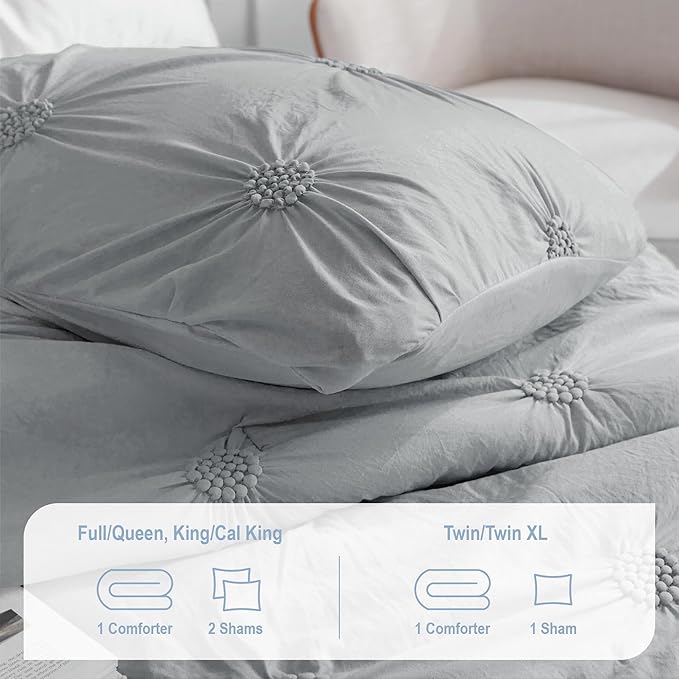 Swift Home Full/Queen Gray Comforter Set - Ruched 3D Floral Pintuck Bedding Set - 3 Pieces Bed Linen, 1 Comforter and 2 Pillow Shams