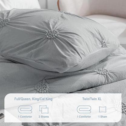Swift Home Twin/Twin XL Gray Comforter Set - Ruched 3D Floral Pintuck Bedding Set - 2 Pieces Bed Linen, 1 Comforter and 1 Pillow Sham