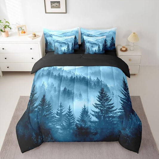 Erosebridal Foggy Mountain Twin Bedding Set 7 Piece Blue Forest Pine Tree Bed in A Bag with Sheets Nature Misty Woodland Comforter Set for Kids Adults,Flying Bird Bed Sets