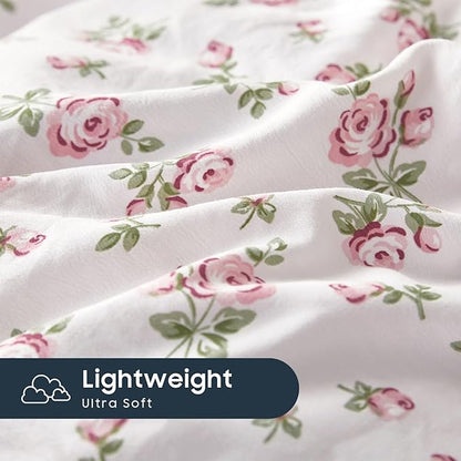 Wake In Cloud - Coquette Duvet Cover Set, Floral Cottagecore Flower Shabby Chic Cute Aesthetic, Soft Lightweight Bedding for Women Teen Girls, 3-Piece, Pink, Full Size