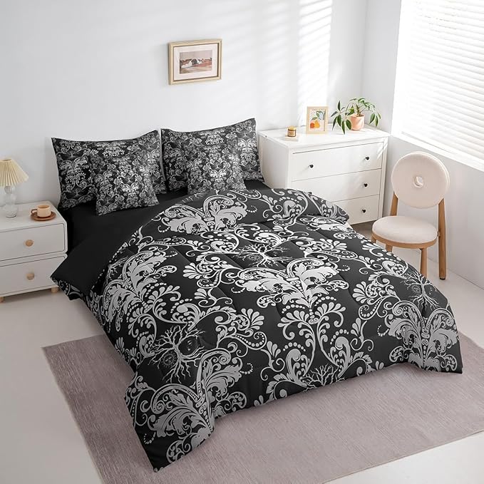 Erosebridal Gothic Damask Bed in a Bag King Size Comforter Set 7 Pieces,Sun Moon Tree of Life Bedding Sets Black White Victorian Floral Goth Sheet Set with Comforter