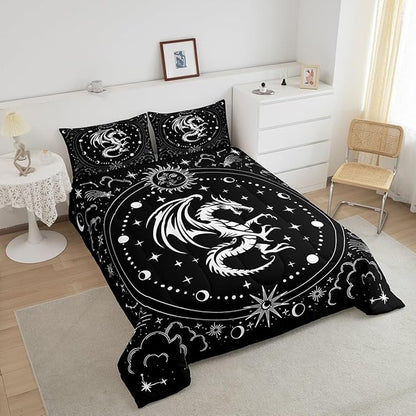 Black White Dragon Comforter Set King Size,Sun Moon Stars Cloud Galaxy Bedding Set for Kids Girls Boys Teens Room Decor,Western Magical Boho Style Duvet Insert,Exotic Luxury Quilt Set,2 Pillowcases