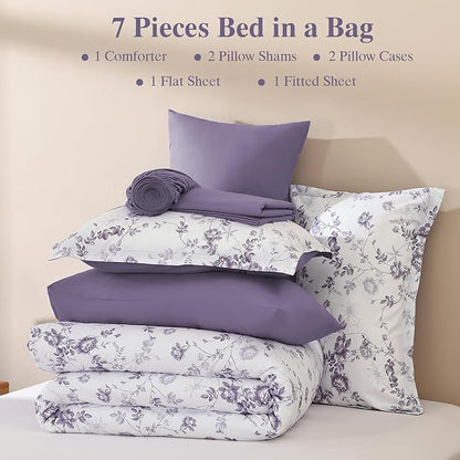 Luxudecor Floral King Comforter Set 7 Pieces Bed in a Bag, Purple Rose Romantic Flower Bed Set, Soft Reversible Comforter with Sheet Set 104"x90"