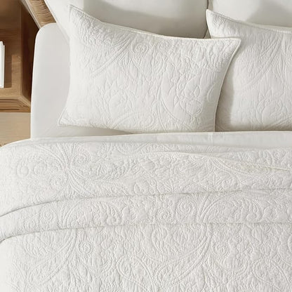 EVERGRACE 100% Cotton Paisley Quilt Set, King Size 3 Piece Set – Prewashed Lightweight Bedspread with 2 Shams, Soft & Breathable Matelasse Coverlet for All-Season Comfort, Bright White