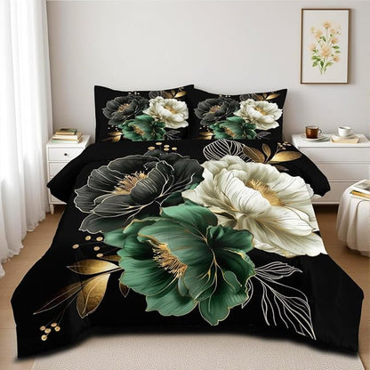 Floral Comforter Set Full 3Pcs Black and Green Retro Flower Bedding Set Vintage Aesthetic Elegant Botanical Flowers Bedding Ultra Soft Lightweight Comforter Sets for All Season