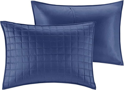 Madison Park Heritage Comforter Quilt Combo Set - Modern Luxury Design, All Season Down Alternative Bedding, Matching Shams, Decorative Pillows, Full/Queen(90"x90"), Color Block Navy 8 Piece