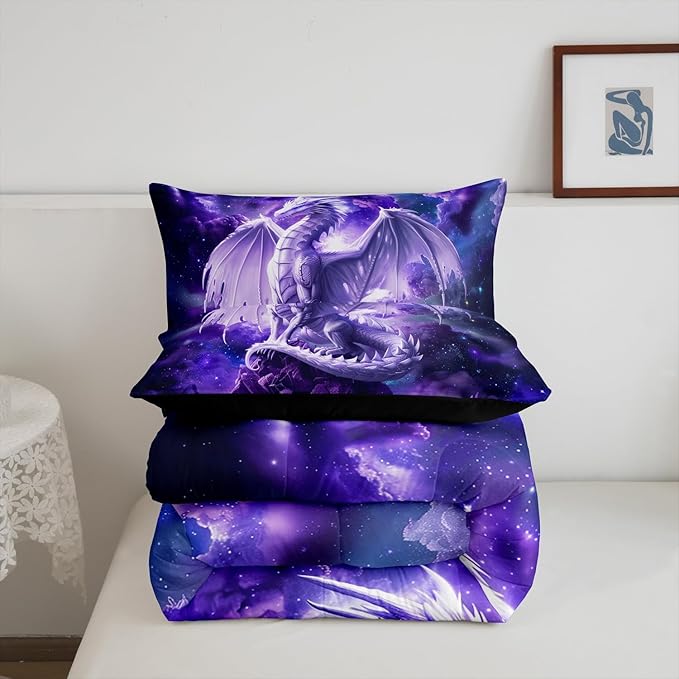 3D Dragon Comforter Set King Size,Galaxy Starry Sky Bedding Set for Kids Boys Girls Room Decor,Glitter Nebula Outer Space Duvet Insert 3Pcs,Western Magical Animal Purple Quilt Set,2 Pillowcases