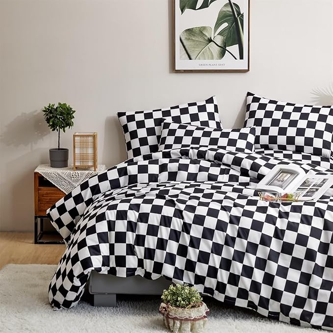 Houseri White Black Plaid Comforter Set Cal King Black and White Checkerboard Comforter California King Size Black Buffalo Checkered Bedding Elegant Grid Gingham Checker Comforter Sets California King