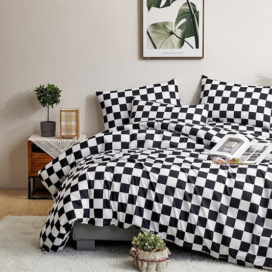 Houseri Black and White Comforter Set Queen Plaid Black Grid Comforters Queen Size Teen Boys Men Modern Black White Checkerboard Bedding Comforters Sets Buffalo Plaid Checkered Queen Comforter Set