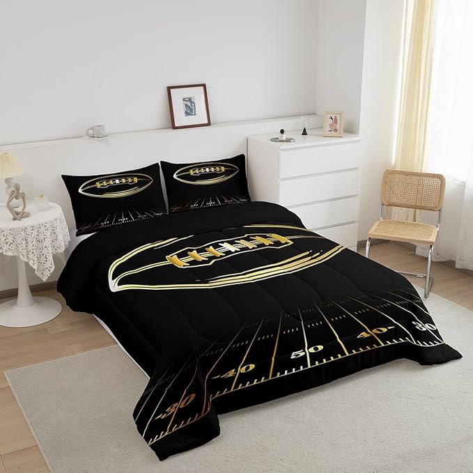 Feelyou Football Bedding Set Twin Kids Rugby Sports Comforter Set American Football Comforter Set for Boys Golden Black Room Decor Lightweight Quilt Set with 1 Pillow Case