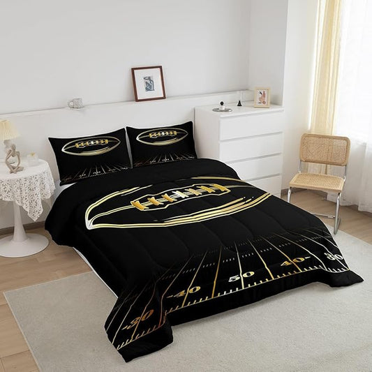 Feelyou Football Bedding Set Queen Kids Rugby Sports Comforter Set American Football Comforter Set for Boys Golden Black Room Decor Lightweight Quilt Set with 2 Pillow Case