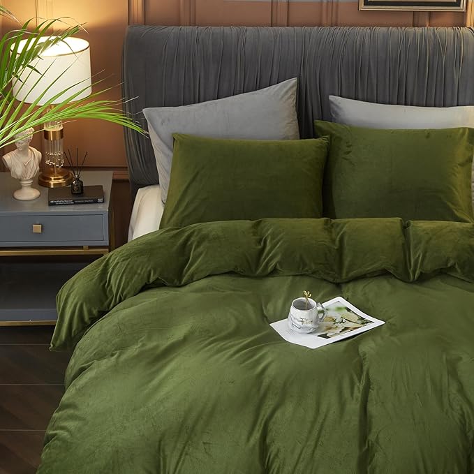 Ivellow Velvet Duvet Cover Queen Set Sage Green Comforter Cover 3Pcs Ultra Soft Cover Breathable Solid Luxury Flannel Velour Duvet Cover Zipper Closure Corner Tie