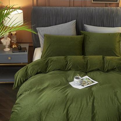Ivellow Velvet Duvet Cover Queen Set Sage Green Comforter Cover 3Pcs Ultra Soft Cover Breathable Solid Luxury Flannel Velour Duvet Cover Zipper Closure Corner Tie