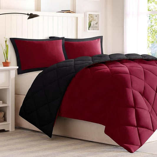 Madison Park Comforter Set, Reversible Down Alternative All Season Microfiber Bedding, 3M Scotchgard Stain Release, King/Cal King Dorm Comforter, Red/Black