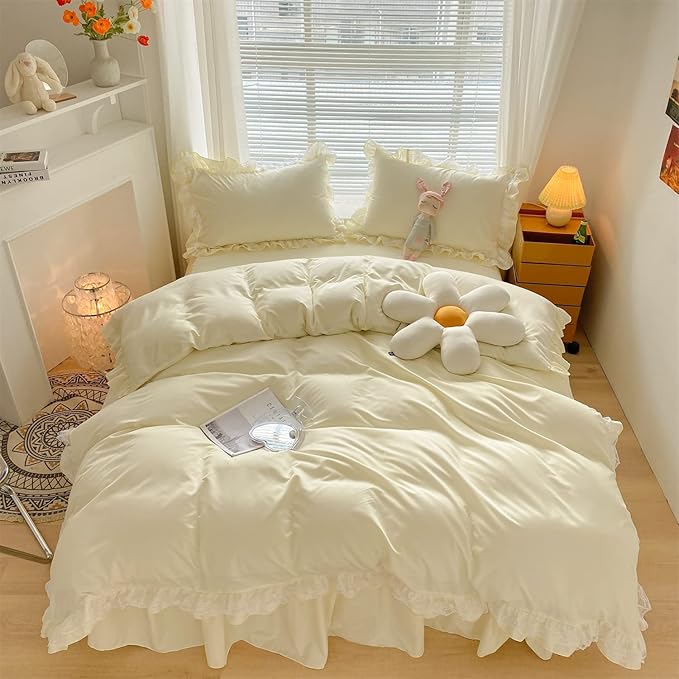 MOOWOO Chic Ruffle Lace Polyester Duvet Cover Set -Girl Yellow Bedding-2 Piece Twin Duvet Cover with Zipper Closure -Ultra Soft and Light Weight(Light Yellow, Twin)