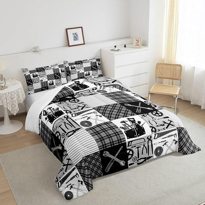 Castle Fairy Kids Boys Truck Bedding Set Queen Size Wrench Repair Outfit Comforter Farmhouse Gingham Check Comforter Set Gray White Duvet Set 3Pcs Quilt Set 1 Comforter Set with 2 Pillowcase