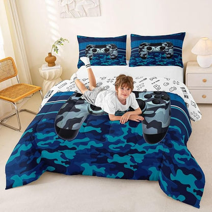 Feelyou Gamer Comforter Set Camouflage Gaming Video Game Bedding Set for Kids Boys Children Blue Camo Gamer Console Comforter Soft Gamepad Decor Quilt Set Queen Size