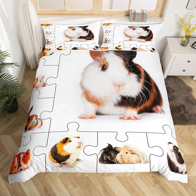 Castle Fairy Guinea Pig Bedding Set Full Size,Lovely Animals 3D Cavy Duvet Cover for Teenagers Bedroom Decor,Cute Guinea Pigs Pet Bed Set of 3 Piece with Zipper Closure,No Comforter