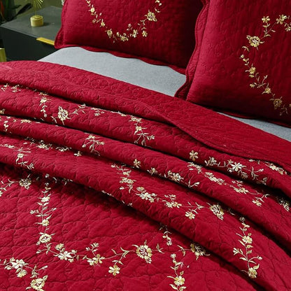 vctops 3-Piece Christmas Red Floral Embroidered Bedspread Coverlet Set 100% Cotton Reversible Patchwork 1 Quilt and 2 Pillow Shams Full/Queen, Red