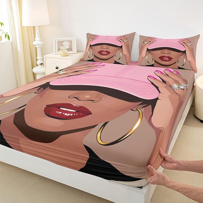 Erosebridal Black Girls Queen Size Bed Sheets Fashion Black Woman Fitted Sheet for Girls Kids Vogue Fashionable Gorgeous Bedding Set for Teens Children Women African Princess Magical Sheets