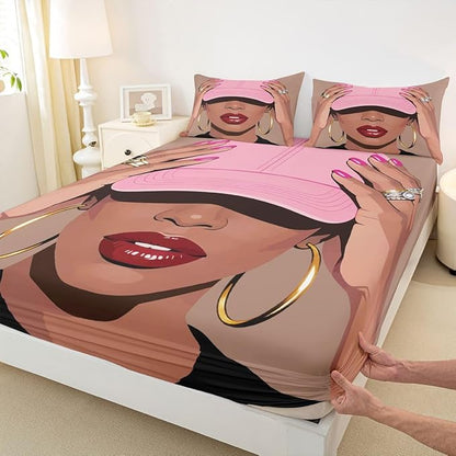 Erosebridal Black Girls Queen Size Bed Sheets Fashion Black Woman Fitted Sheet for Girls Kids Vogue Fashionable Gorgeous Bedding Set for Teens Children Women African Princess Magical Sheets