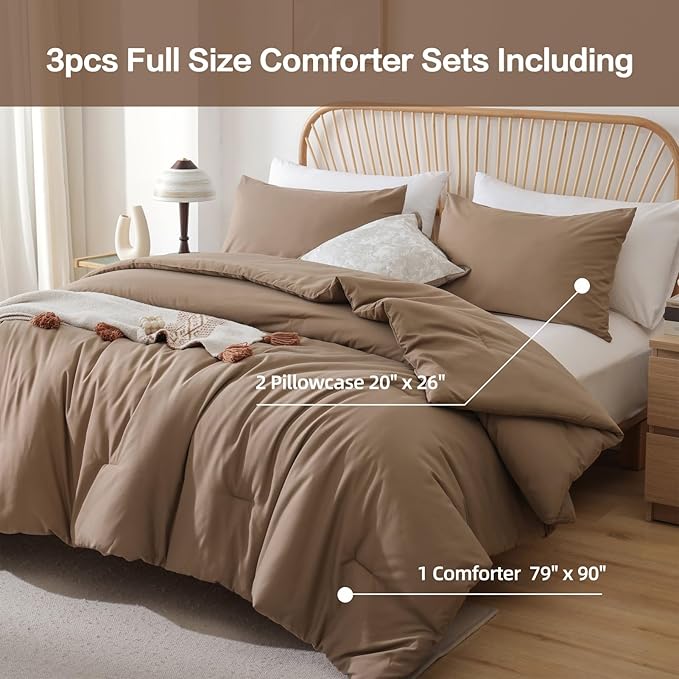 ROSGONIA Full Size Comforter Sets for Girls Boys Kids Dark Khaki, 3pcs Comforter Full Size (1 Comforter & 2 Pillowcases) Lightweight Dorm Bedding Sets