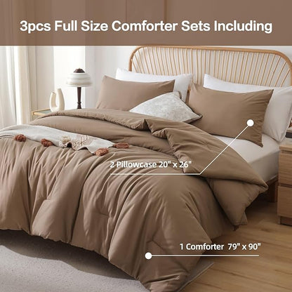 ROSGONIA Full Size Comforter Sets for Girls Boys Kids Dark Khaki, 3pcs Comforter Full Size (1 Comforter & 2 Pillowcases) Lightweight Dorm Bedding Sets