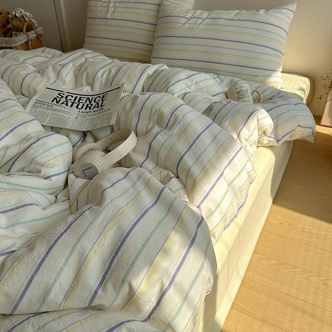 EAVD Retro Striped Duvet Cover Set King Size 100% Cotton Chic Stripes Printed Bedding Set with 2 Pillowcases Vintage Geometric Pattern Duvet Cover with Zipper Closure(Yellow&Purple&Blue, King)