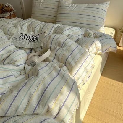 EAVD Retro Striped Duvet Cover Set King Size 100% Cotton Chic Stripes Printed Bedding Set with 2 Pillowcases Vintage Geometric Pattern Duvet Cover with Zipper Closure(Yellow&Purple&Blue, King)