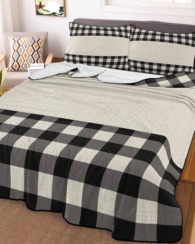 Twin XL Quilt Bedding Set, Retro Black Lightweight Summer Quilt 3 Pieces Bedding Sets, Farmhouse Buffalo Plaid Vintage Beige Reversible Soft Bedspreads Coverlets with 2 Pillow Shams for All Season