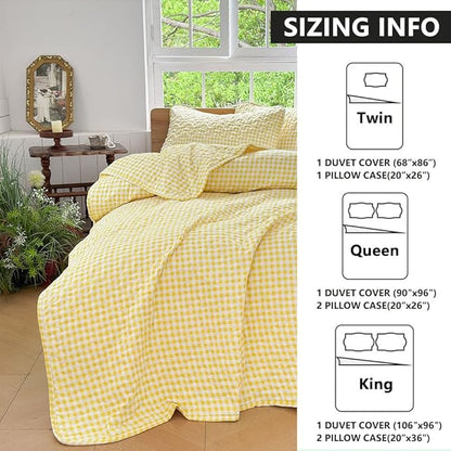 Yellow Gingham Queen Quilt Set, Soft Pre-washed Microfiber Yellow Plaid Queen Bedspread, Lightweight Checked Summer Quilt, Grid Bedding Coverlets for All Seasons (Includes 1 Quilt, 2 Pillow Shams)