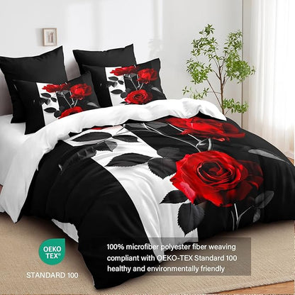 Rose Comforter Set Full Black Red Bedding Set Striped Floral Bedding for Women Aesthetic Comforter with 2 Pillowcases, Ultra Soft Lightweight 3Pieces