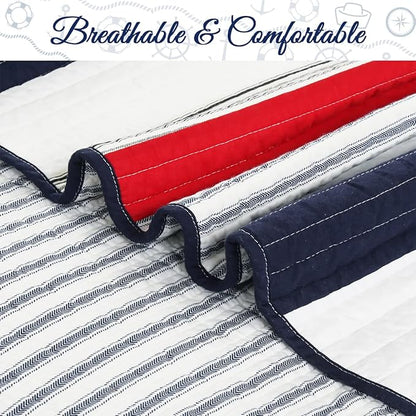 Cozy Line Home Fashions 100% Cotton Sailor Navy Blue Star Striped Reversible Bedding Quilt Set (Patriotic Stripe, Twin)