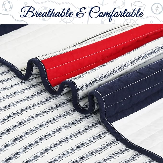 Cozy Line Home Fashions 100% Cotton Sailor Navy Blue Star Striped Reversible Bedding Quilt Set (Patriotic Stripe, Queen)