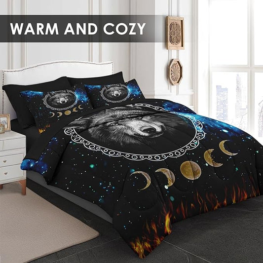 Comforter Set Twin Size, Wolf Animal Dog 5 Pcs Bedding for Kids and Adults, Starry Space Galaxy Bed Sheet Sets with Fitted Sheet Pillowcase & Sham for Bedroom Bed Decor