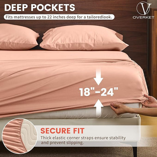 100% Linen Sheet Set Cal King Size Extra Deep Pocket Fits 18-24 Inch Mattress, Breathable & Soft, Smooth 4-Piece Set for Thick Mattresses Hotel Luxury Bedding（Cal King, Light Red）