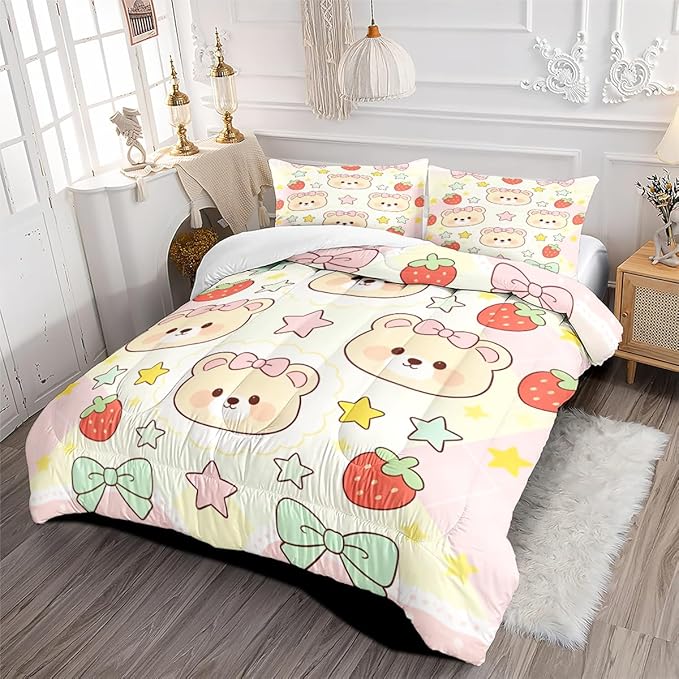 Girls Kids Cartoon Bear Comforter Set with Cute Bows, 3-Piece Strawberry Bedding Set Full Size, 100% Washed Microfiber Bedding Sets with 1 Comforter 79"x 90" and 2 Pillowcases
