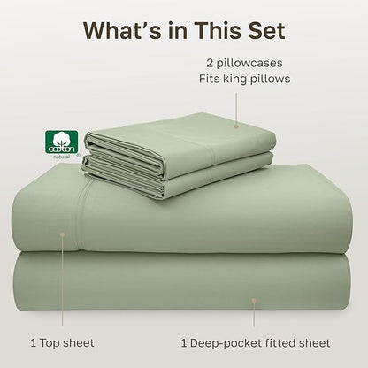 California Design Den Natural 100% Cotton Bed Sheets King Size Set - Luxury 600 Thread Count Sateen, Hotel Quality King Size Sheet Set, Fully Elasticized Deep Pockets, Cool and Durable - Laurel Green