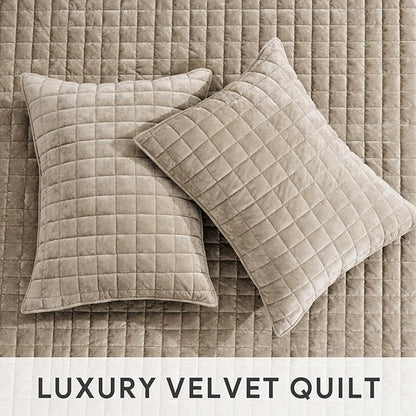 RECYCO Luxury Velvet Quilt Set Full Queen Size Bedding Sets, Ultra Soft Velvet Comforter Set, Lightweight Channel Box Stitch Oversized Bedspread Coverlet for All Season, with 2 Shams, Urban Taupe
