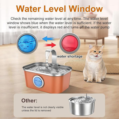 Bobo&Dragon Automatic Stainless Steel Water Fountain for Cat & Dog in Amber Orange 124oz/3.5L Quiet Faucet Flow Water Dispenser, Fresh Filtered Hydration, Easy Clean, Leak-Proof for Indoor Pets
