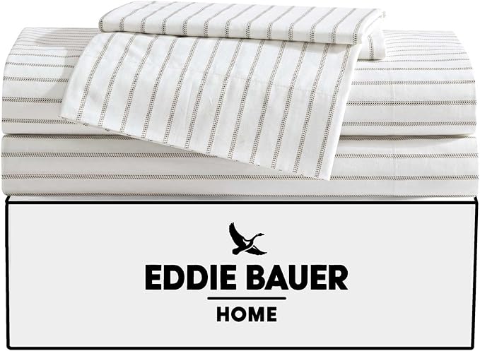 Eddie Bauer - Queen Sheet Set, Cotton Percale Bedding Set, Super Soft and Bedding Set, Oeko-Tex Certified (Essential Stripe Beige, Queen)