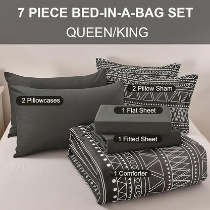 WONGS BEDDING Black Grey Boho Comforter Set King Size 7 Piece Stripe Gradient Bed Set Bed in a Bag Bedding Set for All Seasons Reversible Soft Microfiber Comforter with Sheets, Pillowcases & Shams
