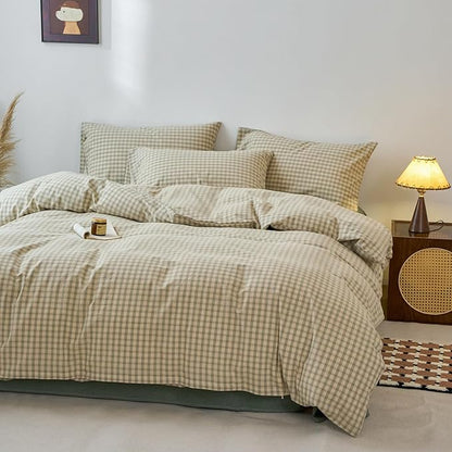 EAVD Vintage Style Green Plaid Duvet Cover Queen Soft 100% Washed Cotton Chic Checkered Gingham Bedding Set with 2 Pillowcases Farmhouse Green Gingham Duvet Cover with Zipper Closure