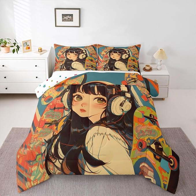 Erosebridal Fashion Girls Comforter Set Full Size for Cool Girl with Hip-Hop Headphone Bedding, Street Culture Graffiti Art Bed Comforter Set for Girls Women Modern 3D Cartoon Down Comforter