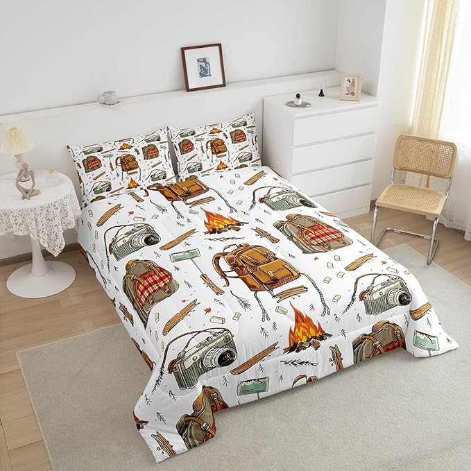 Feelyou Camping Comforter Set Toddler Size Camper Comforter Accessories for Travel Trailers Bedding Set Camping Backpack Print Duvet Set Room Decor Jade White Quilt Set