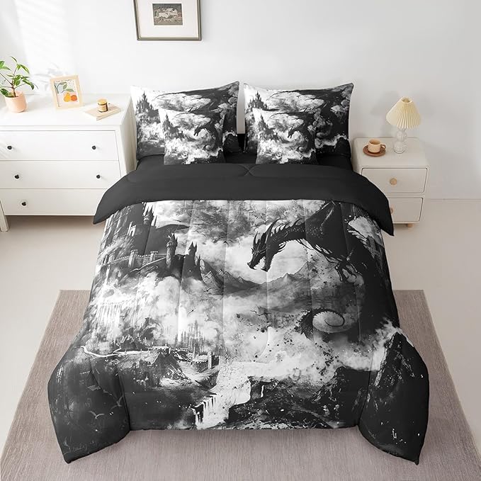 Erosebridal Gothic Dragon Comforter Set 7 Piece Bed in a Bag Twin,Black and White Vintage Fantasy Castle Bedding Sets Dark Sky Mythical Animal Sheet Set with Comforter