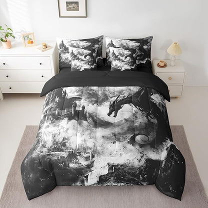 Erosebridal Gothic Dragon Bed in a Bag Queen Comforter Set 7 Piece,Black and White Vintage Fantasy Castle Bedding Sets Dark Sky Mythical Animal Sheet Set with Comforter