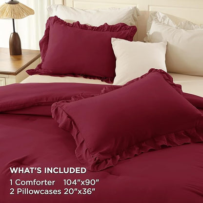 Andency Burgundy Ruffle Comforter Set King, Shabby Chic Farmhouse Bedding Comforter, Soft Lightweight Fluffy Polyester Bet Set All Season 3 Pieces Solid Comforter Set
